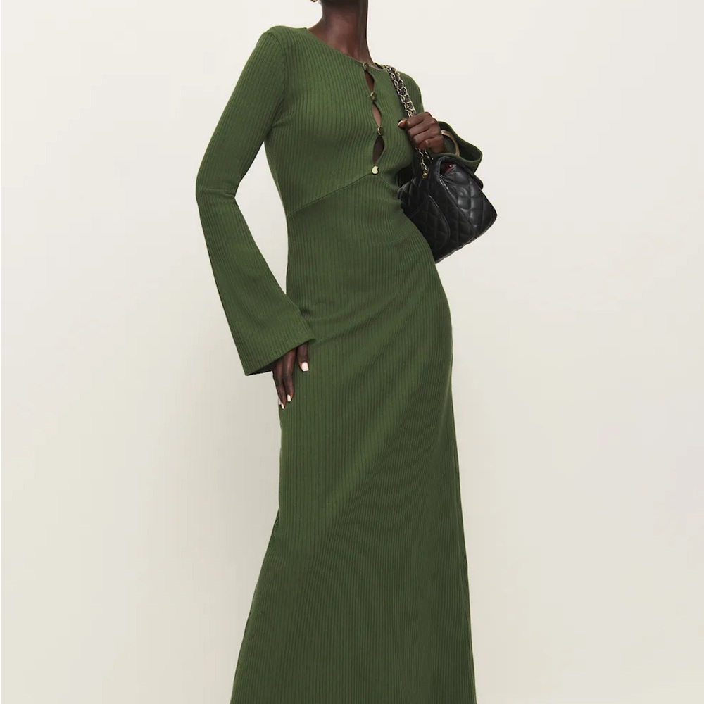 Reformation Hayden Fern Olive Long Sleeve Knit Maxi Dress